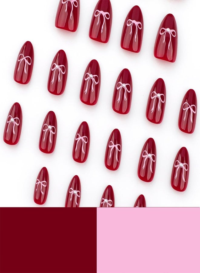 OSTTMA 24Pcs Cute Bow Press on Nails Almond Medium Fake Nails Wine Red Bow Nail Art Designs 3D Pearl Acrylic False Nail Full Cover Shiny Glue on Nails for Women Manicure Accessories - Image 5